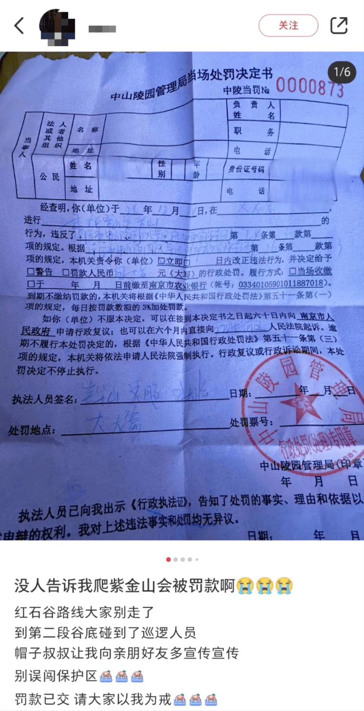 游客误入南京紫金山大龙窝保育区被罚款？管理局：拒不听劝将罚款50元