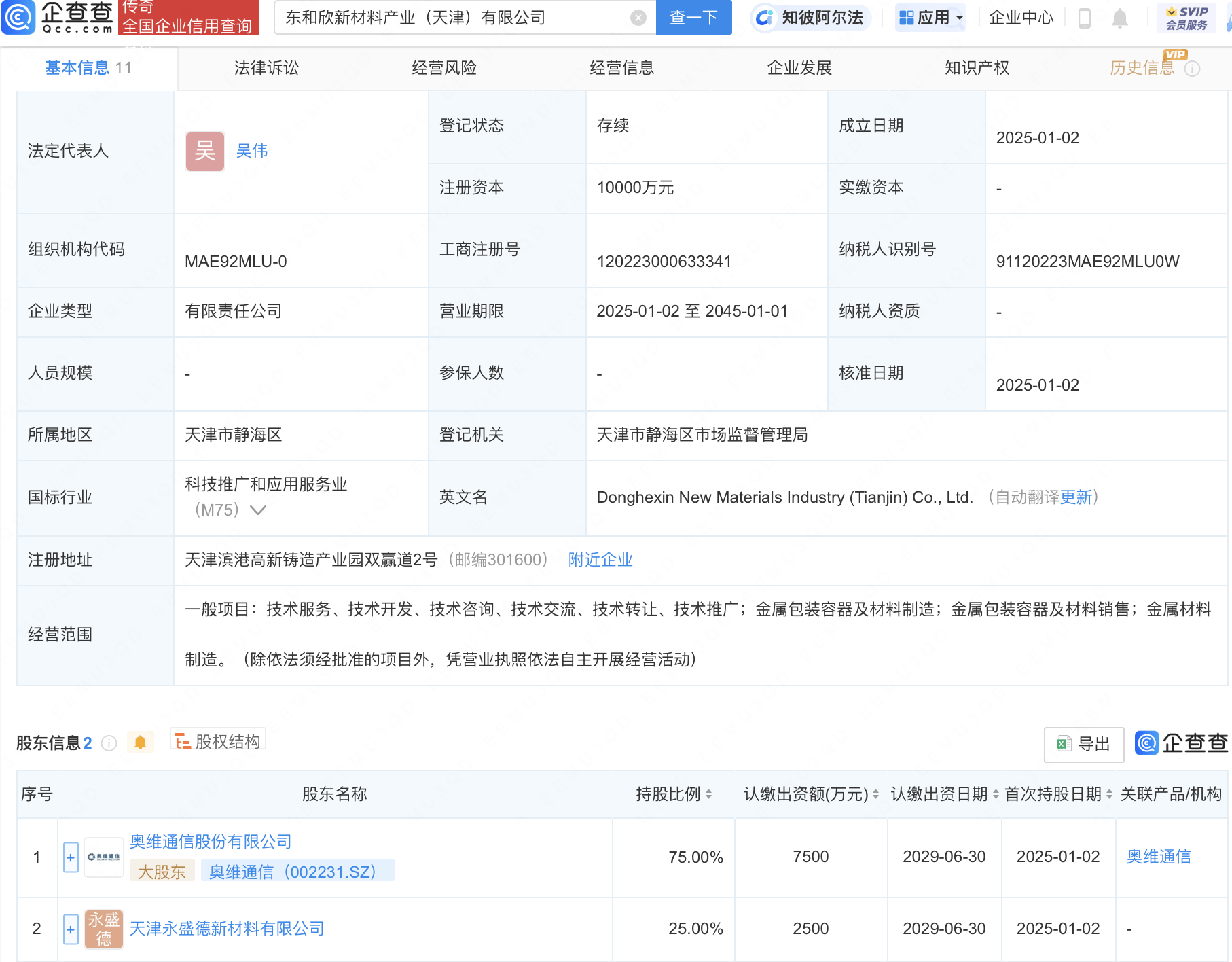 奥维通信等1亿元成立新材料产业公司