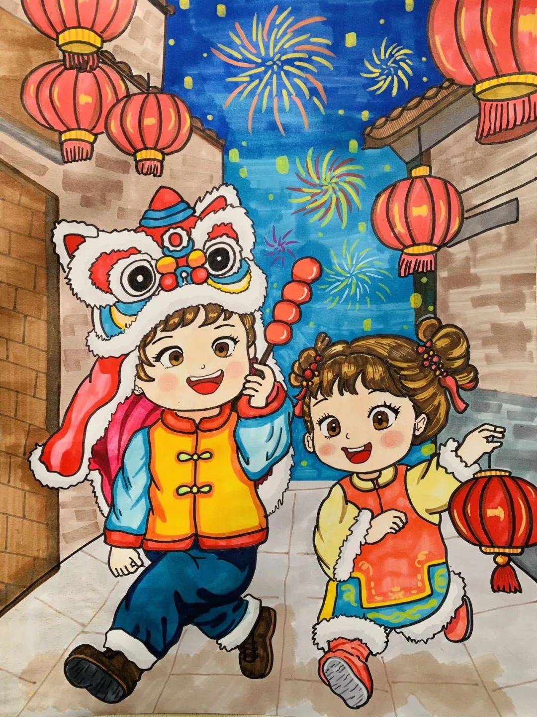绘画技巧娴熟,色彩搭配和谐,尤其是红色的运用,凸显了春节的喜庆氛围