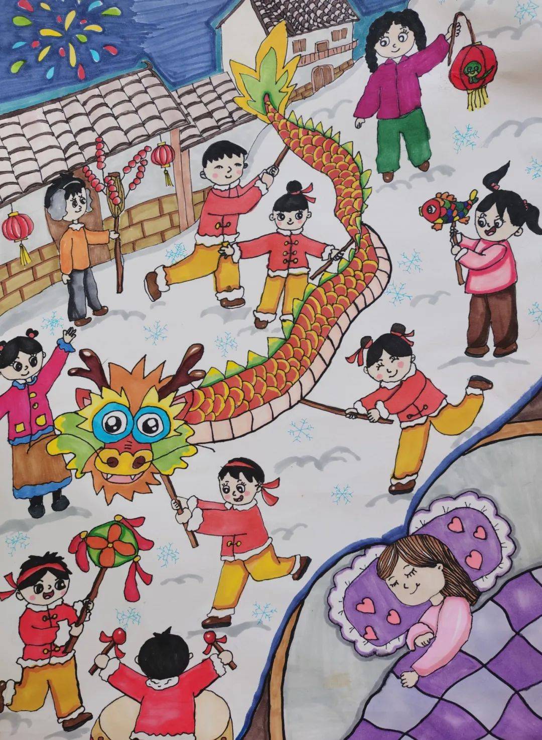 画面中,舞龙的队伍活力四溢,人物的表情与动作刻画得栩栩如生,每一张