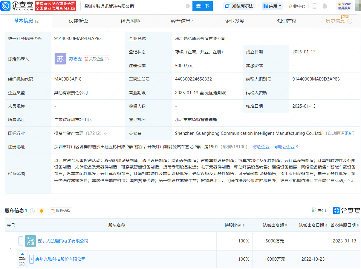 光弘科技新动作：通讯智造公司正式成立注册资本高达5000万