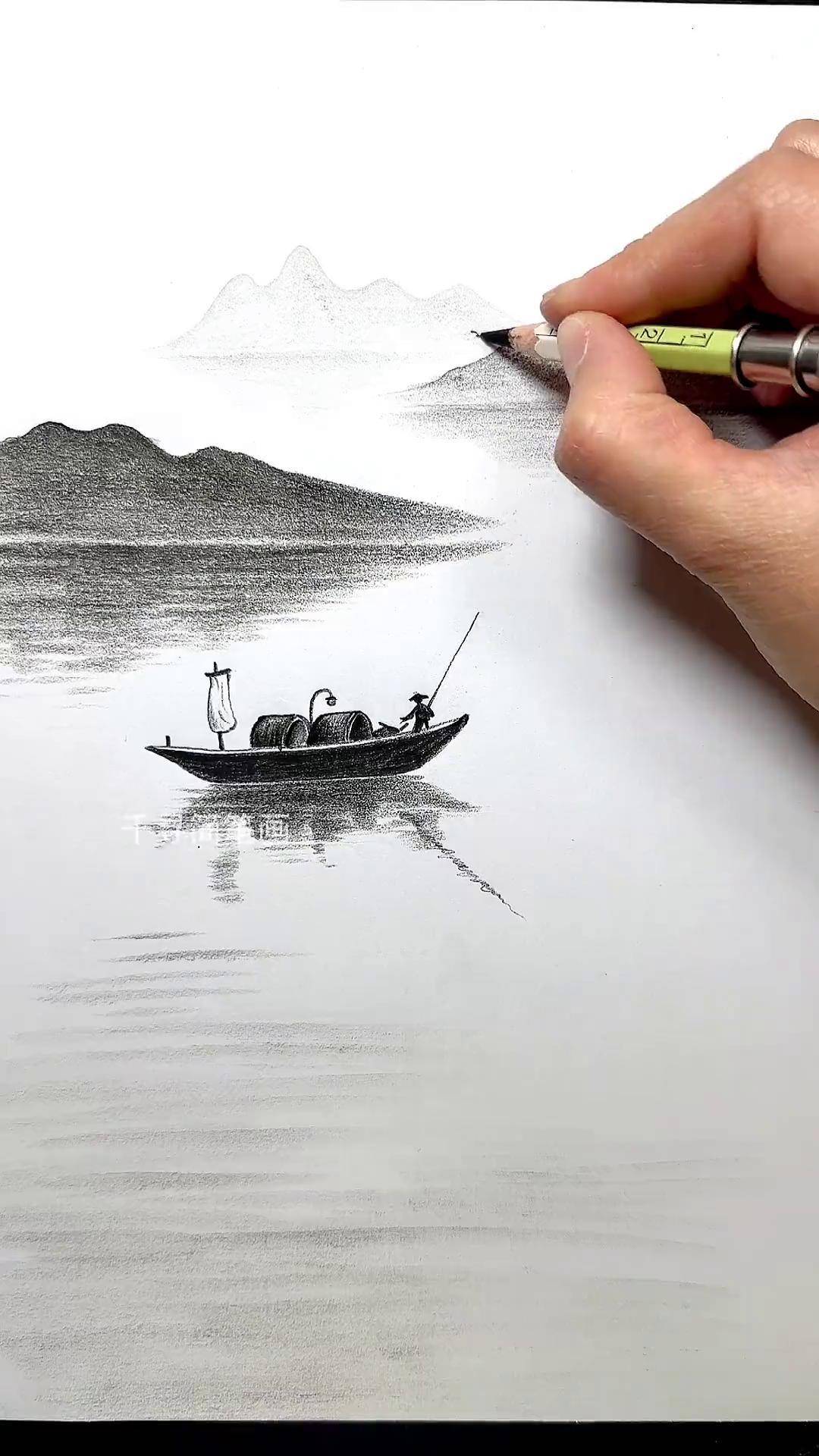零基础简单画山水小船,炭笔画 山水画 零基础学画画