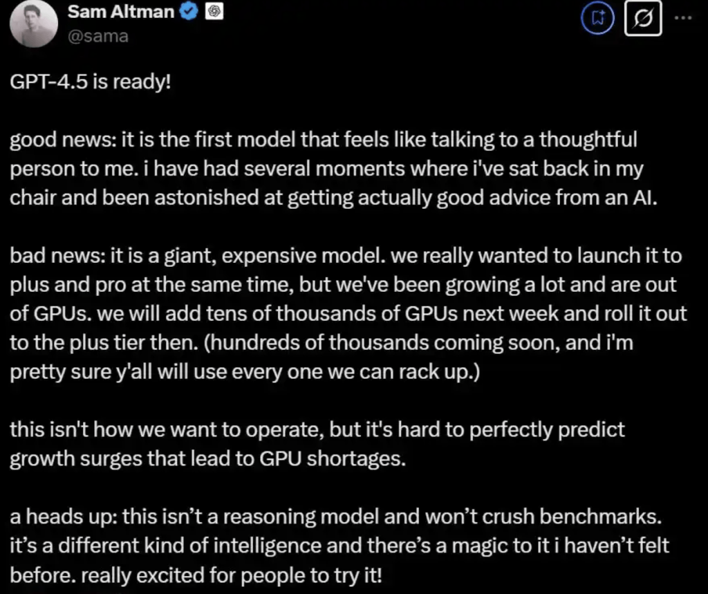 OpenAI发布最具“情商”的GPT-4.5，奥特曼：已耗尽GPU资源，将在下周增加数万块