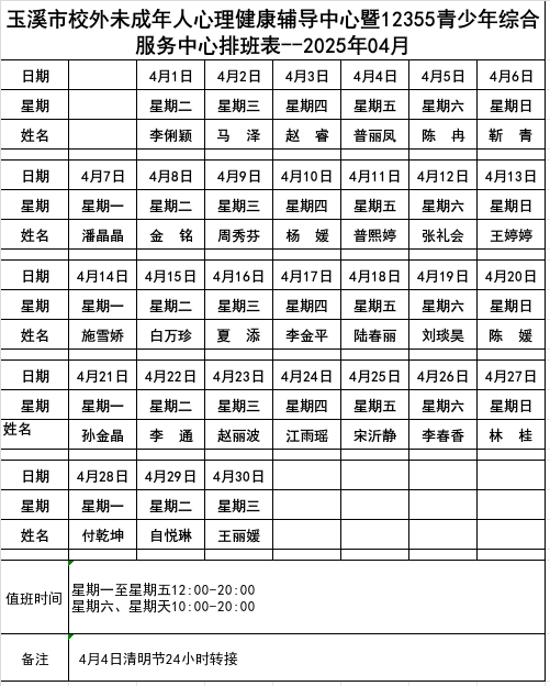 4个人排班表模板无休息
