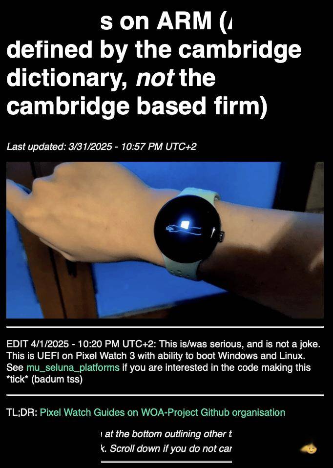 玩家将 Windows on Arm 系统安装到手表上，并成功启动到 PE 环境