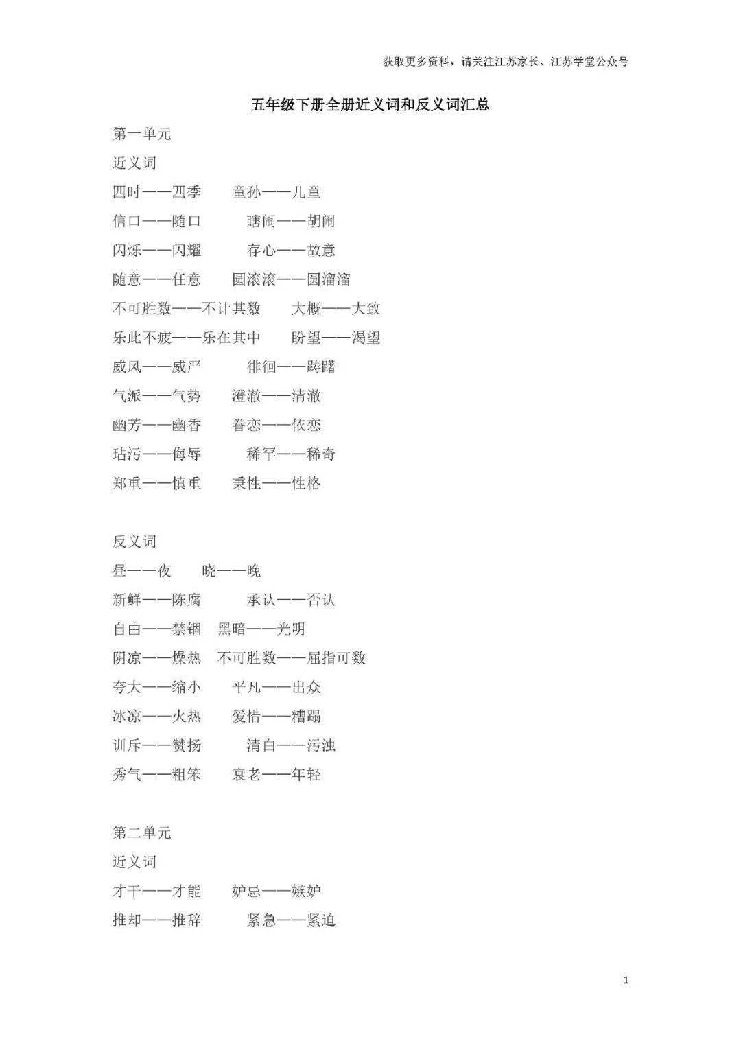 6年级下册全册近义词和反义词汇总