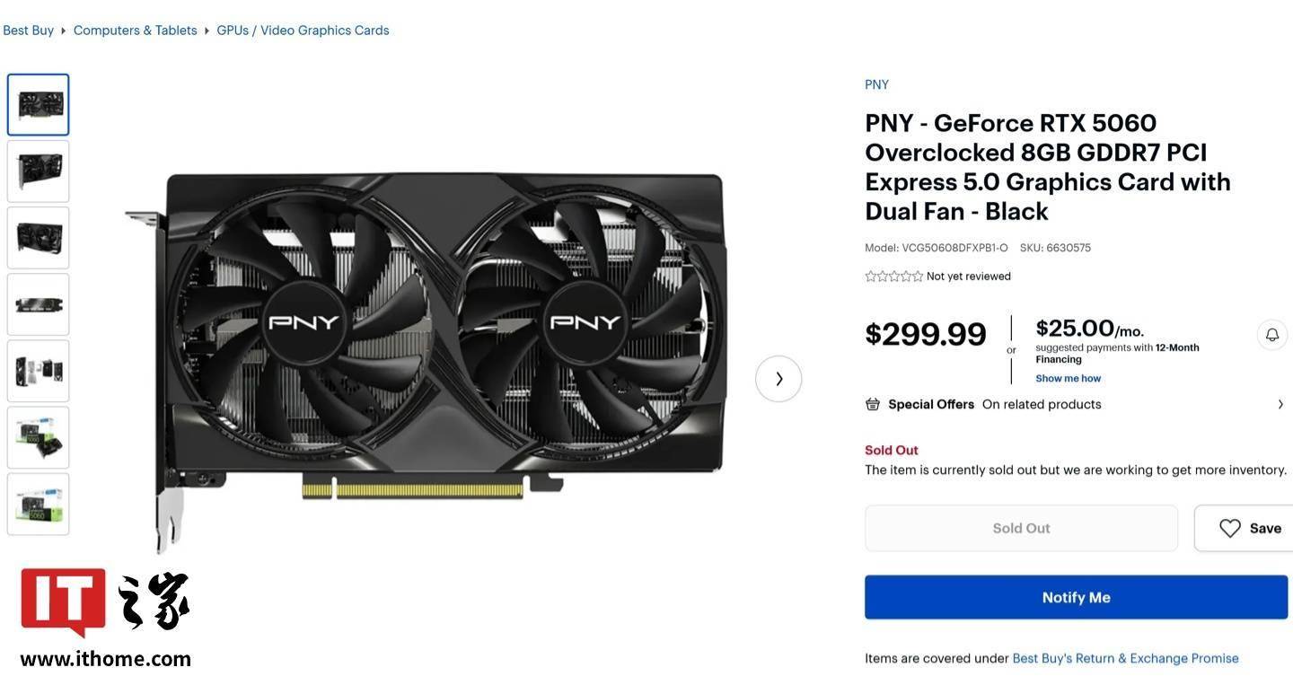 PNY RTX 5060 显卡提前上线电商：超频款仅较 MSRP 贵 0.99 美元