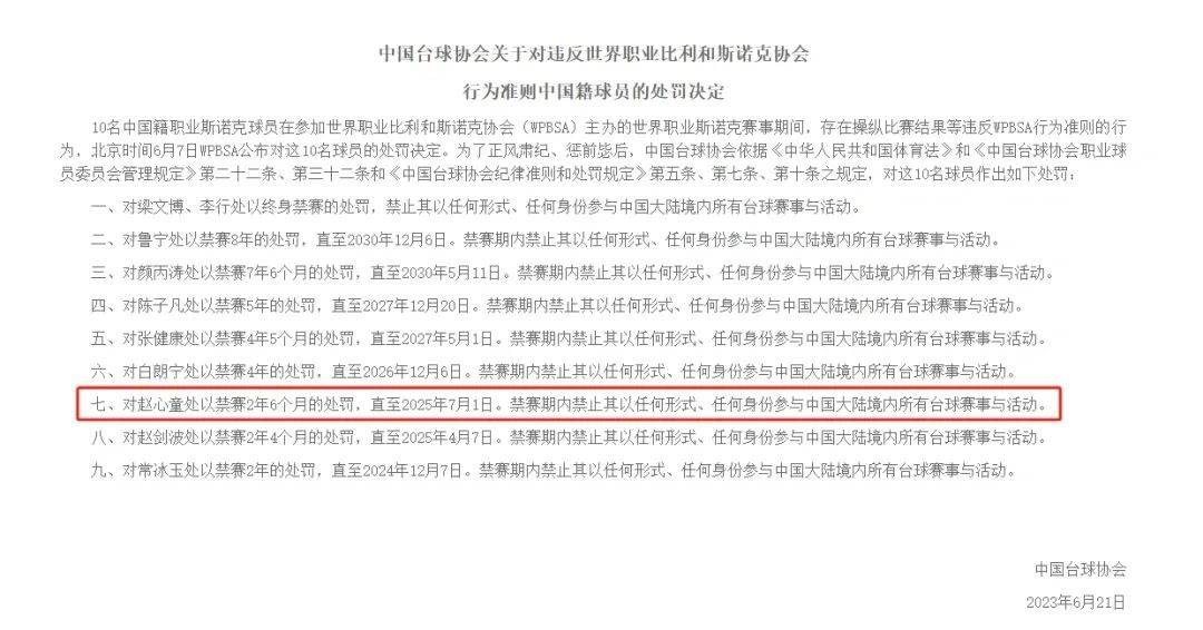 赵心童曾因涉赌球在国内禁赛至今年7月，世锦赛夺冠后能否提前解禁？中国台协回应