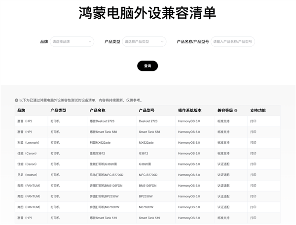 鸿蒙电脑兼容外设清单发布