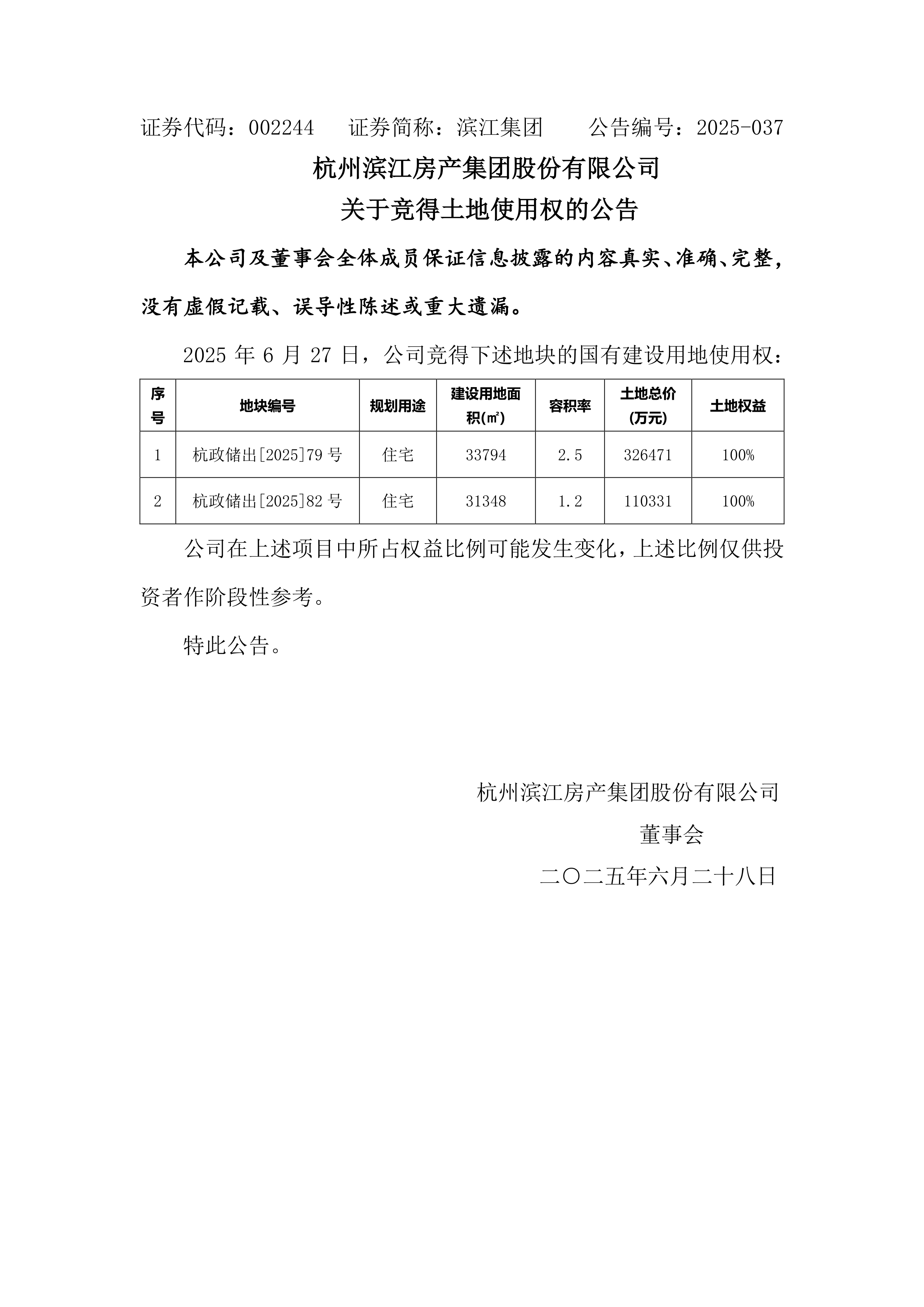 债券-滨江集团-关于竞得土地使用权的公告