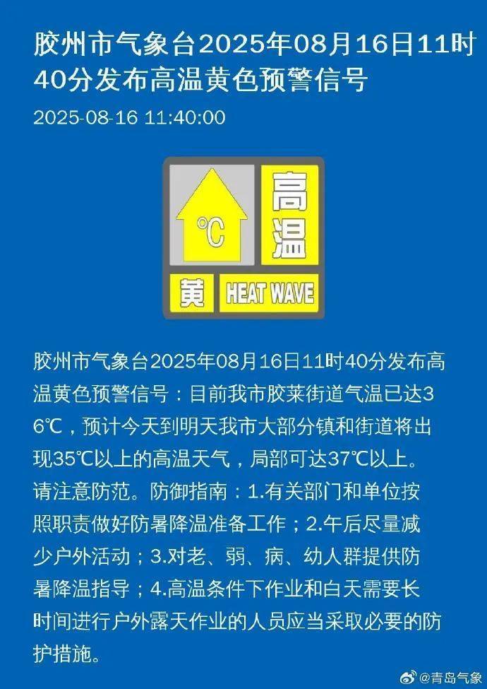 局地将超37℃！青岛三地发布高温黄色预警，注意防范