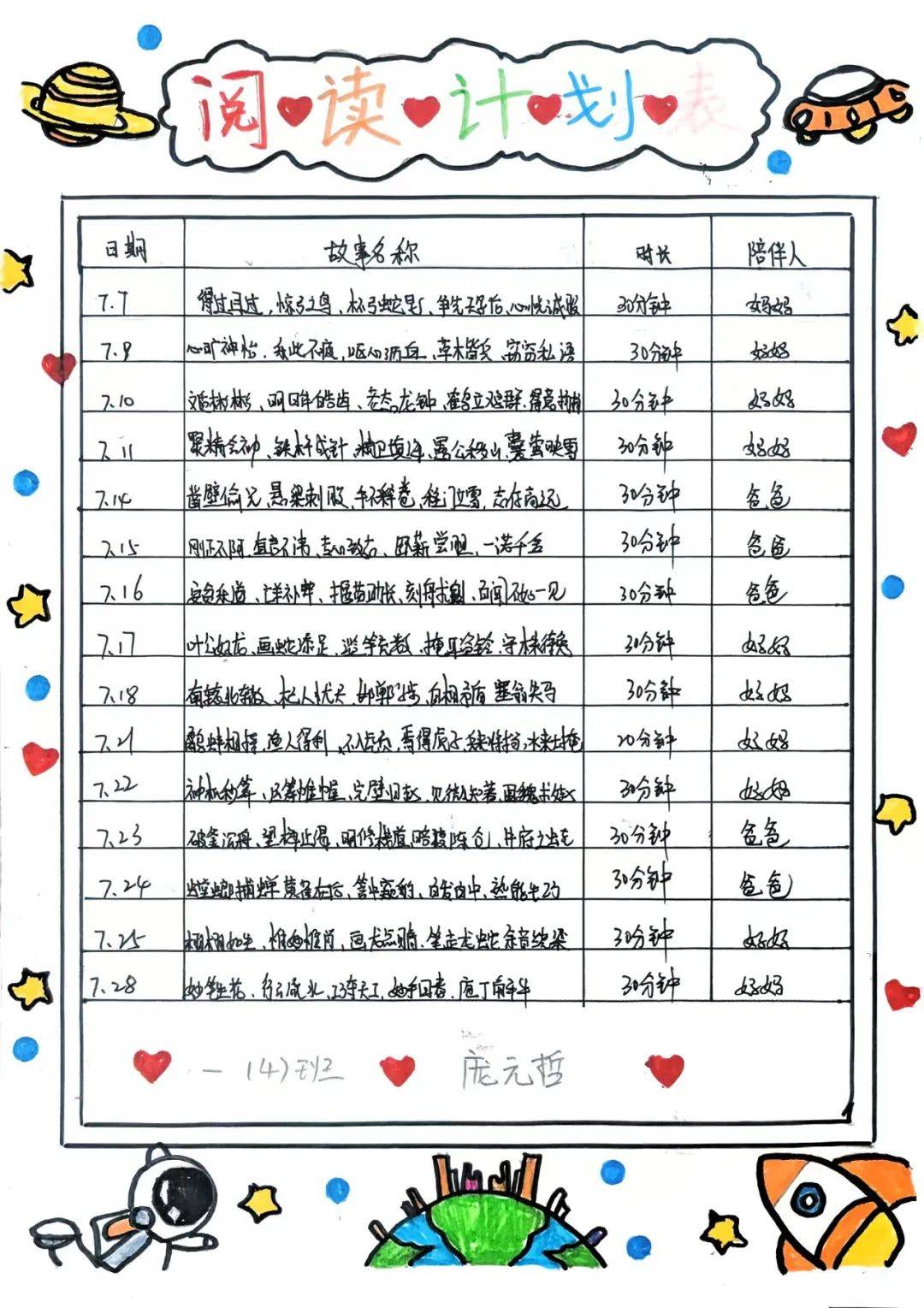 ，活灵活现；还有同学和家长亲子朗诵成语故事，录成了音频。阅读计划表