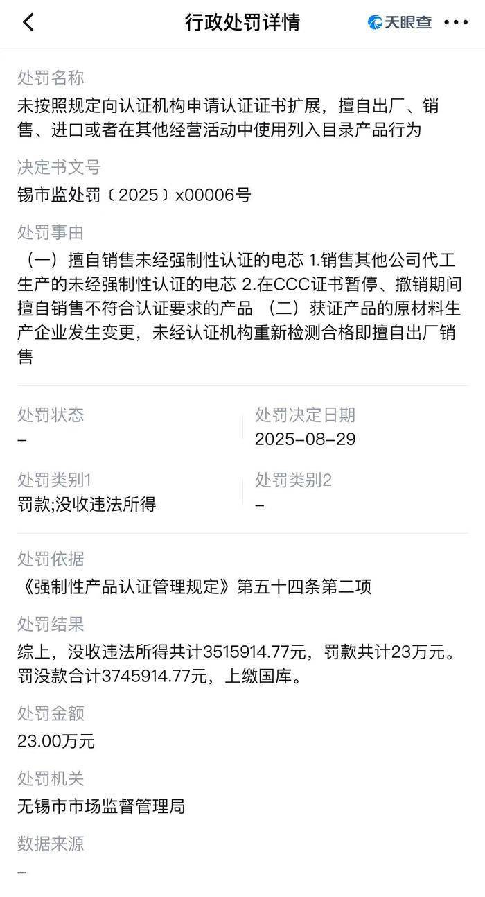 擅自销售未认证电芯，罗马仕供应商安普瑞斯被罚没374万