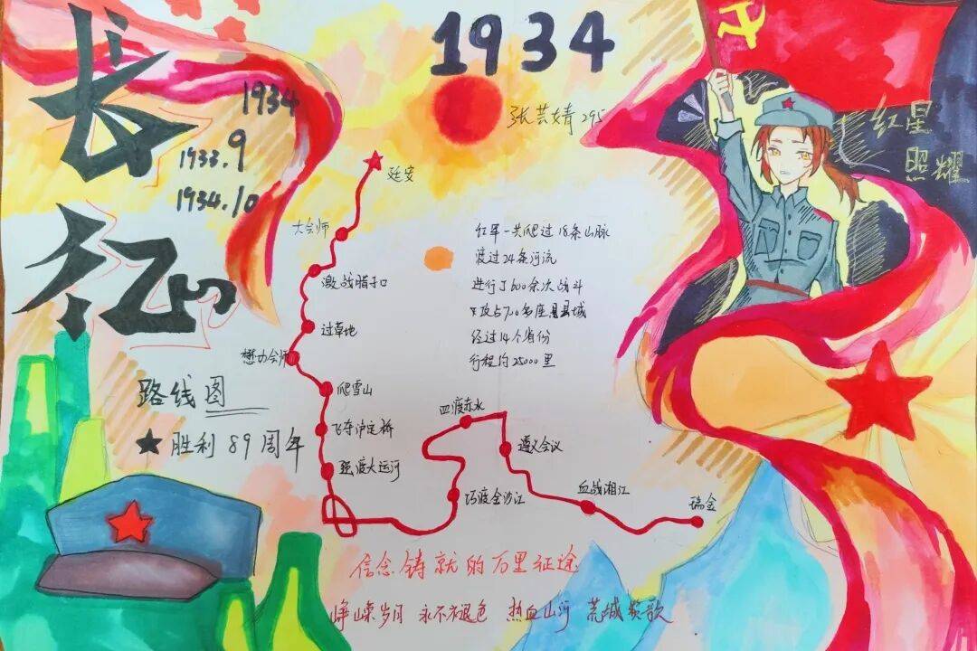 潘小冉297班张雅涵295班袁诗语303班刘若曦同学们通过绘制长征路线图