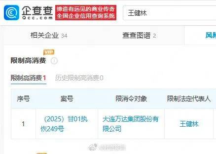 王健林被限制高消费，此前万达集团被强制执行超4亿元