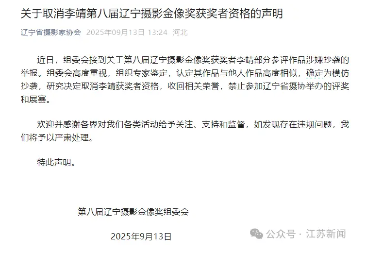 辽宁传媒学院一教师摄影作品涉嫌抄袭被取消入展资格，同校美术系主任此前被认定抄袭
