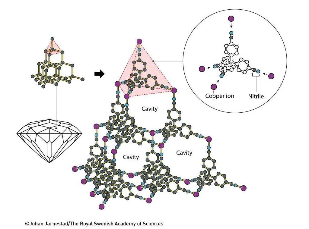 结果这些分子像钻石晶格一样自组装成规则的三维晶体结构,不同的是