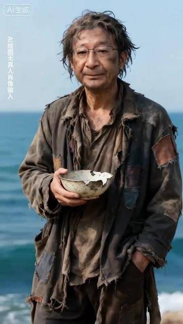 海边乞丐装大佬,破碗在手自带故事感!ai生成的反差感绝了