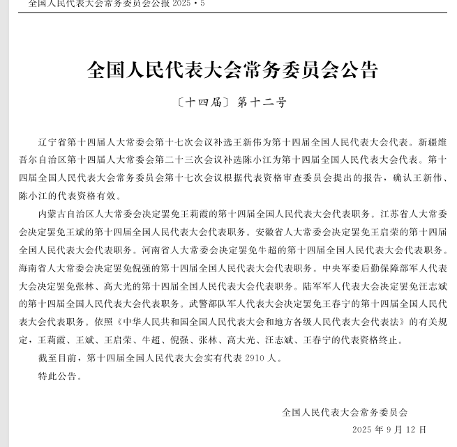 一上将三中将上月被罢全国人大代表