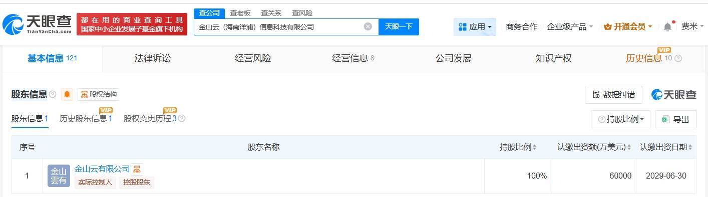 金山云旗下海南洋浦信息科技公司增资至6亿美元