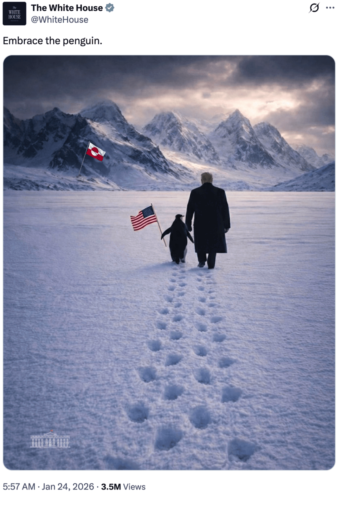 白宫发特朗普在格陵兰岛牵企鹅AI图，网友“惊呆”：企鹅生活在南半球，格陵兰岛没有 -华闻时空