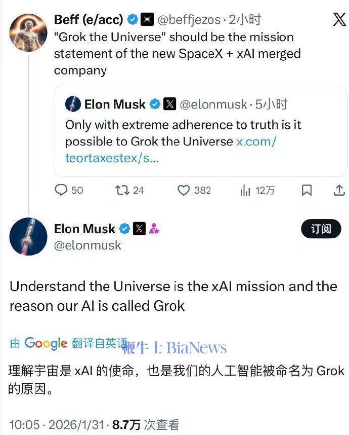马斯克回应Grok命名
