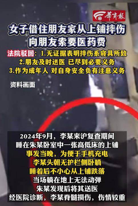 女子因病来上海就诊，借住朋友家从上铺摔下受伤，向朋友索要医药费！法院判了