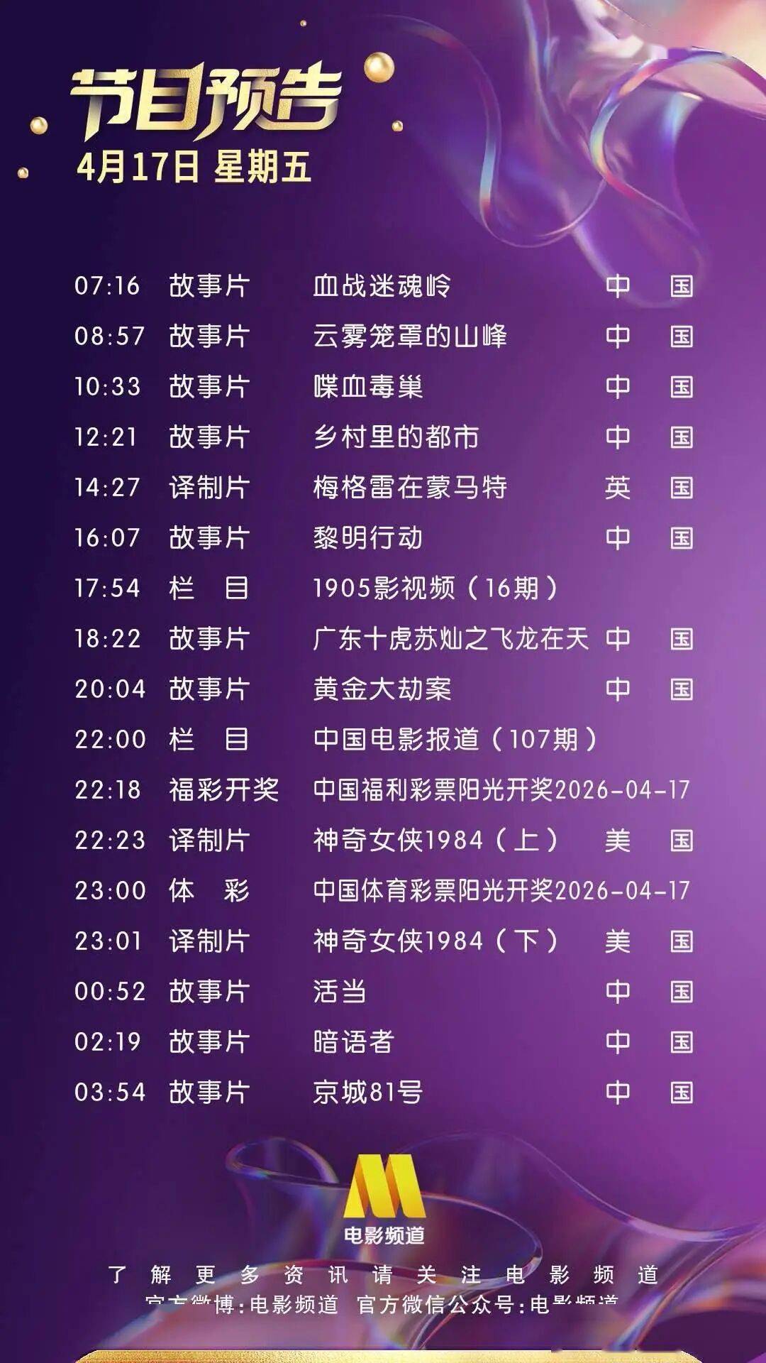 4月17日（星期五）CCTV6节目预告封面图