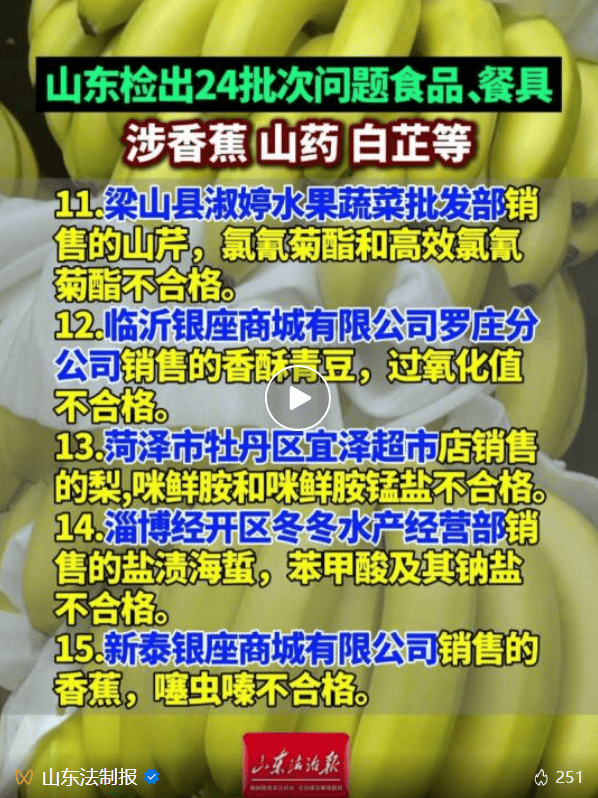 山东通报24批次问题食品及餐具，涉香蕉、山药、白芷等