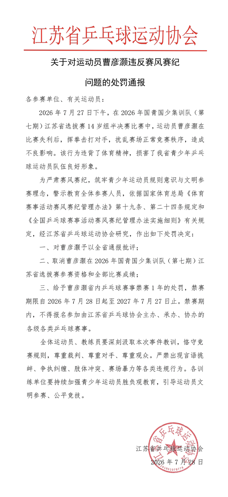 乒乓球运动员曹彦灏比赛失利后挥拳击打对手，官方通报：对曹彦灏予以全省通报批评、取消参赛资格和全部比赛成绩、省内乒乓球赛事禁赛1年