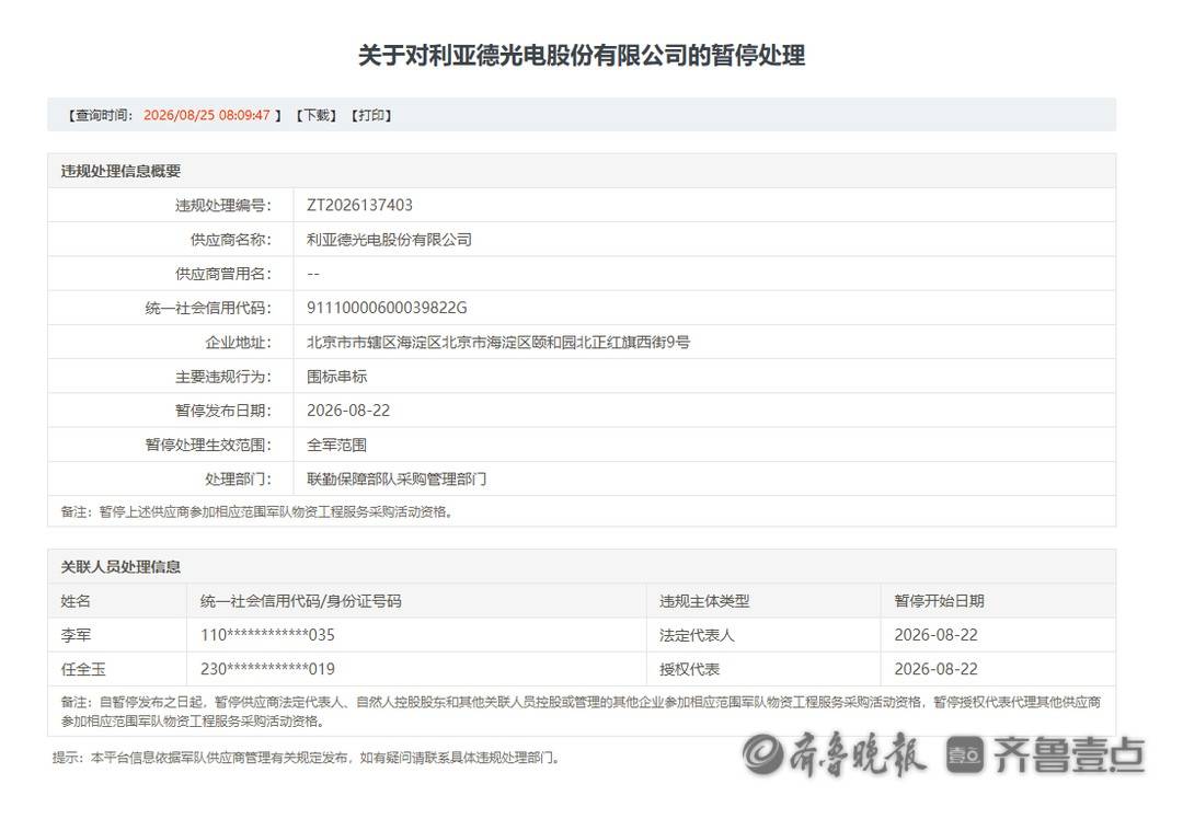 利亚德光电股份有限公司因围标串标再次被列入军采暂停名单(图1) 文章配图-1