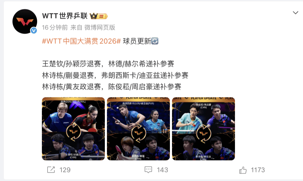 世界乒联宣布：王楚钦/孙颖莎，林诗栋/蒯曼退出2026WTT中国大满贯
