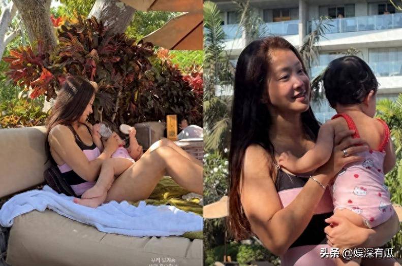 屋外のプールサイドで娘を抱くイ・シヨンを写した写真